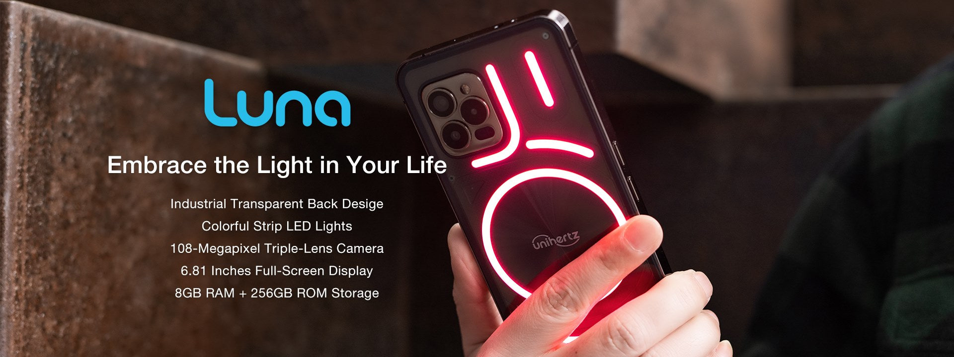 Unihertz Luna - Embrace the Light in Your Life  Banner With Specification 